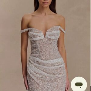 Embellished Pearl White Nude Dress